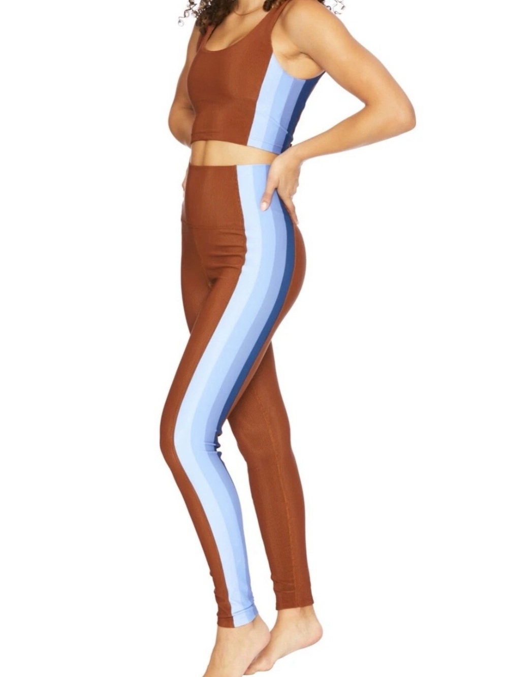 NWOT BEACH RIOT Women's Brown High-Waist Leggings with Blue Stripe